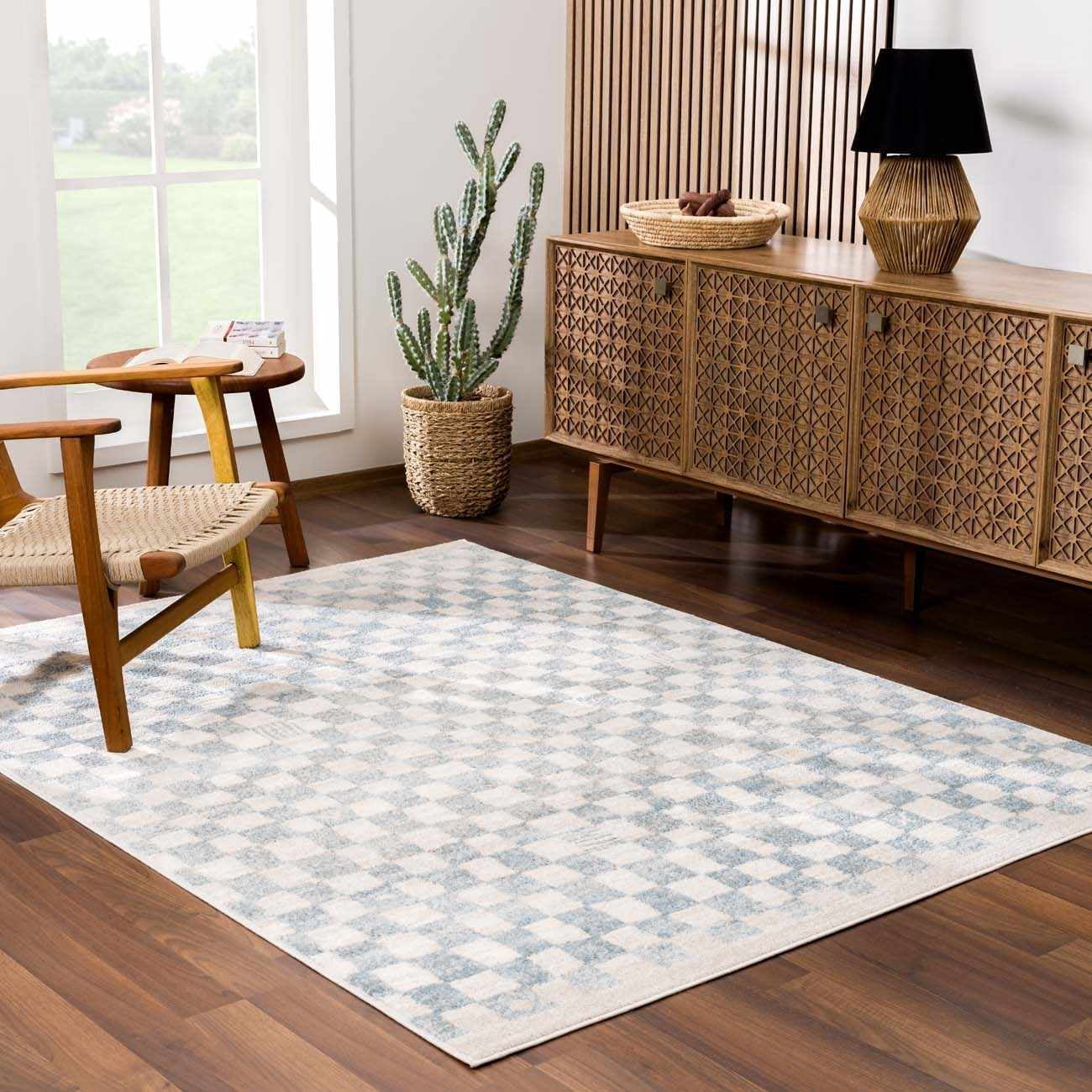 BoutiqueRugs Benjy Light Blue Checkered Area Rug - Cream, Silver Blue - 5'3" x 7'