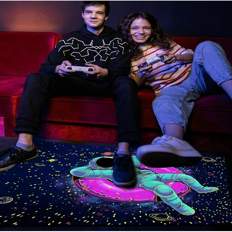 Glowing Game Controller Gamepad Area Rug, Neon Astronaut Floor Mat