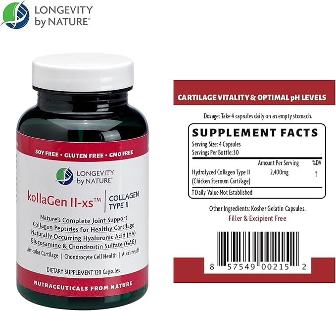 Longevity by Nature, KollaGen II-xs Collagen Type II, Hyaluronic Acid Supplements, 120 Capsules