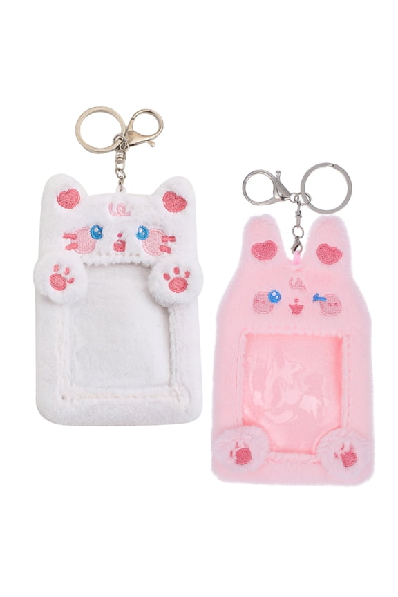 2Pcs Assorted Color Fuzzy Photocard Holder Keychain Compact Credit Card Storage with Metal Ring