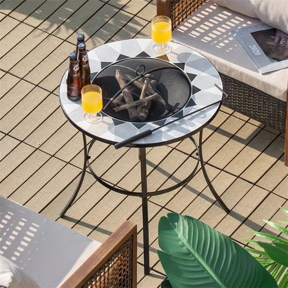 Costway Brasero de Exterior Mesa Brasero Redondo con Tapa de Red y Atizador Superficie de Azulejos para Patio Jardín Camping 65 x 65 x 70 cm