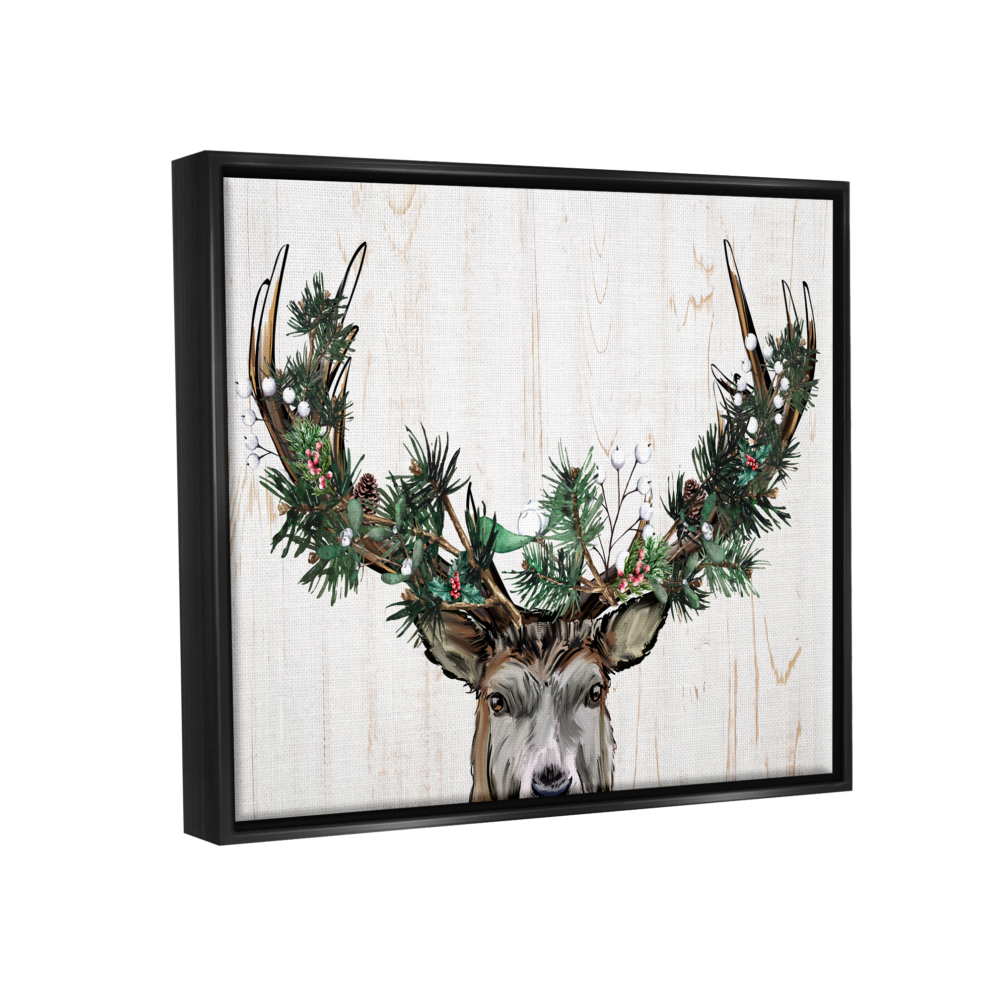 Stupell Industries Pine Garland Deer Antlers Holiday Painting Black Floater Framed Art Print Wall Art, 31 x 25