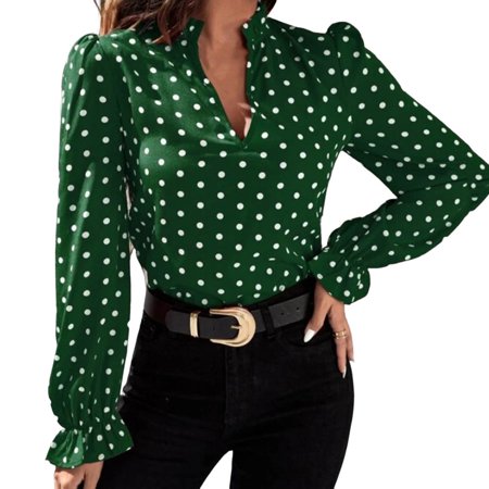 

HLONK Women Shirt Women Shirt Dots Print V Neck Slim Fit Long Sleeves Streetwear Spring Autumn Commuter Chiffon Office Lady Shirt for Dating