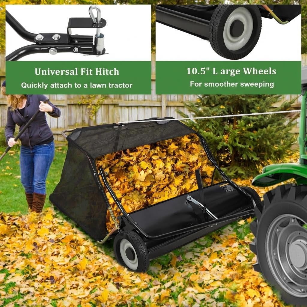42-Inch ATV Lawn Sweeper, Easy-Empty Hopper with 4 Nylon Brushes (10-Inch Diameter), Universal Hitch & Sturdy Wheels, Black