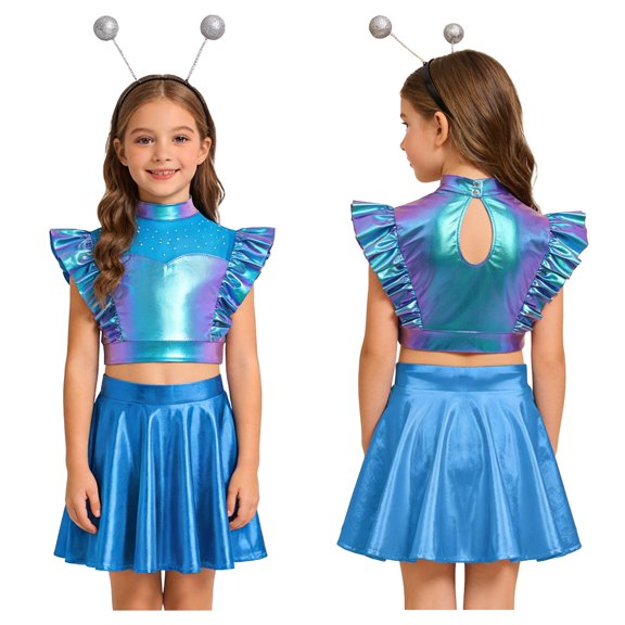iiniim Girls 3 Pcs Alien Metallic Outfit Tops With A Line Skirt And Hair Hoop Set Rhinestones Silver 8