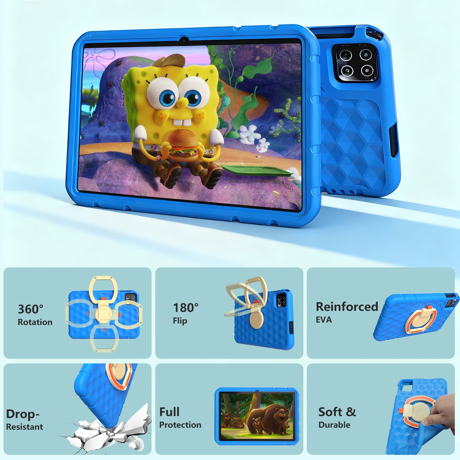 Kids Tablet 10.1 inch Android 15 Octa-Core Tablets with Drop-proof Case, 20GB ROM 128GB, 1TB TF Card Expandable, Parental Control, WiFi 6 and Bluetooth, Blue