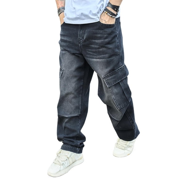 Reppunk Men Stylish Multiple pockets Cargo Jeans Trousers Male Streetwear Solid color Loose Carpenter Straight Denim Pants Fathersdaygift Casual Menswear Classic Tops Outfit Plain