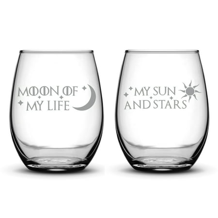 Premium Game of Thrones Wine Glasses, Set of 2, Moon of My Life, My Sun and Stars, Hand Etched 14.2oz Stemless Gifts, Made in USA, Sand Carved by Integrity