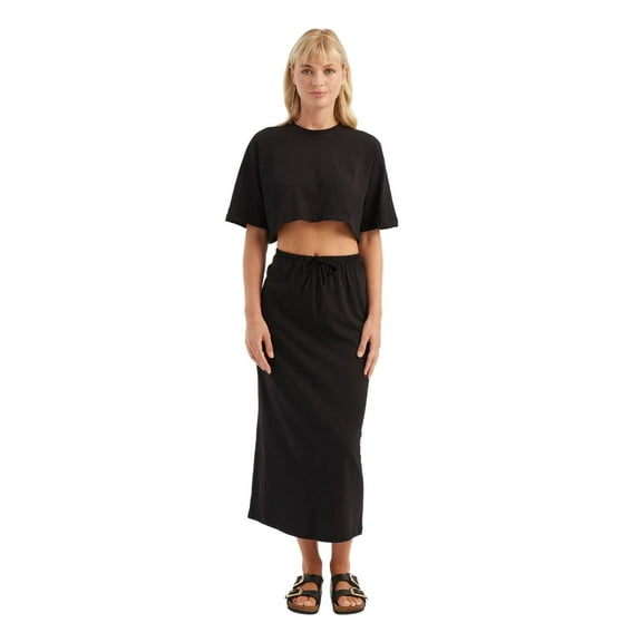 2 Pieces: Crew Neck Relaxed Crop Top & High Waist Drawstring Maxi Skirt