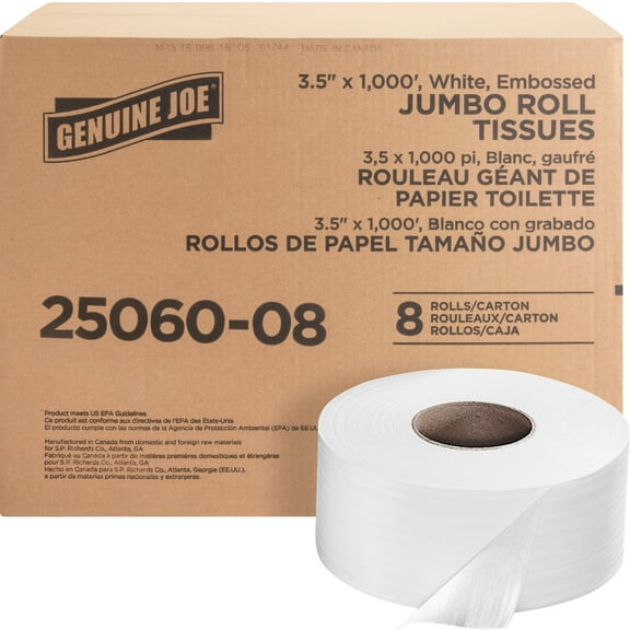 Genuine Joe Solutions Embossed 2 Ply Paper Toilet Paper, Unscented, 8 Rolls per Carton