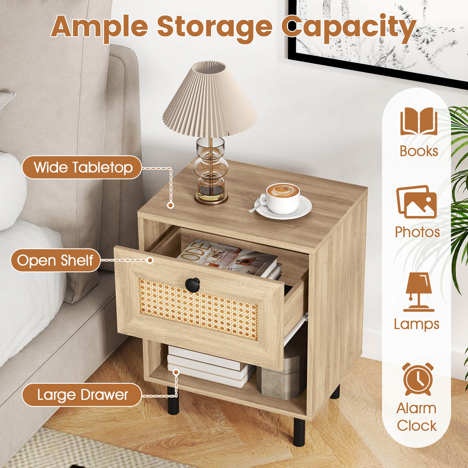 Costway 2 PCS Rattan Nightstand Boho End Table with Drawer & Open Shelf for Living Room Natural