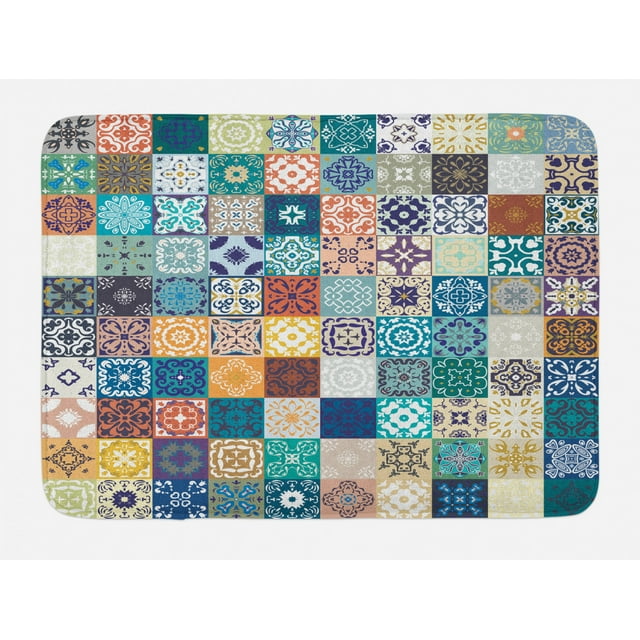 Moroccan Bath Mat, Patchwork Pattern with Different Colorful Arabic