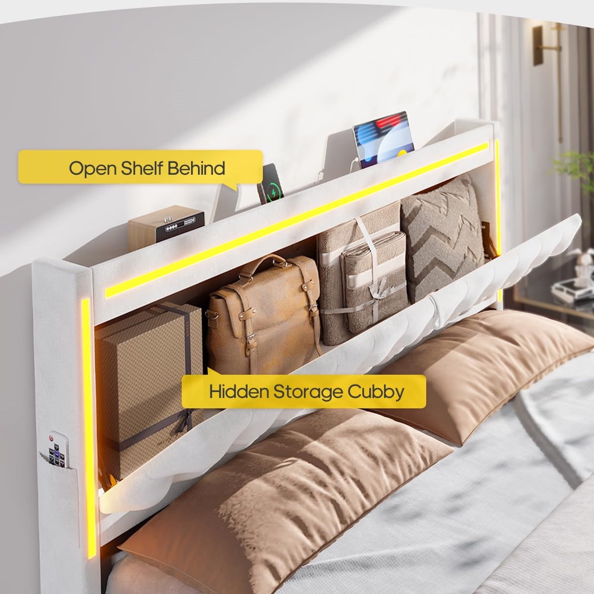 Queen Size Bed Frame with 5 Storage Drawers and Storage Headboard with RGB Lights & Charging Station, Velvet Upholstered Platform Bed Queen Size, No Box Spring Needed, Noise-Free,White