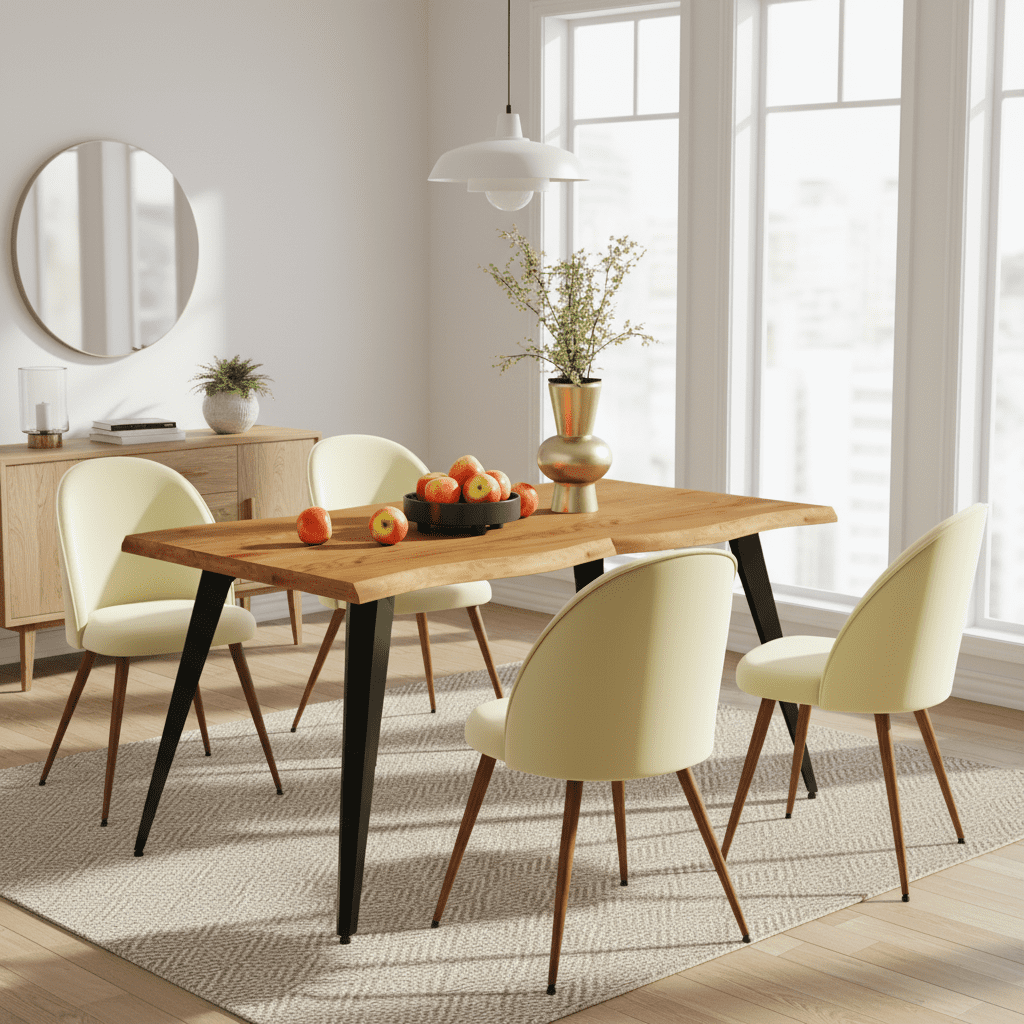 Ensemble table et chaises hautes Homy Casa 160 cm (63 po), plateau de table moderne en imitation bois avec bord ondulé.
