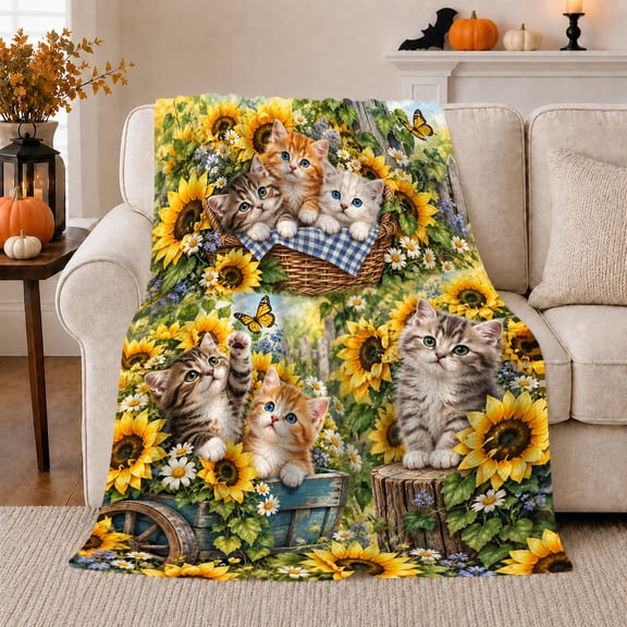 Playful Kittens Sunflower Garden, Playful Pet Portrait Pattern, Warm Flannel Blanket for Living Room and Reading Nook, Cat Lovers Friendship Gift, Pet Lover Home Decor