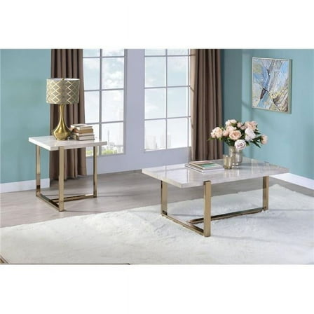 Modern Metal Framed Coffee Table with Faux Marble Top, White & Gold