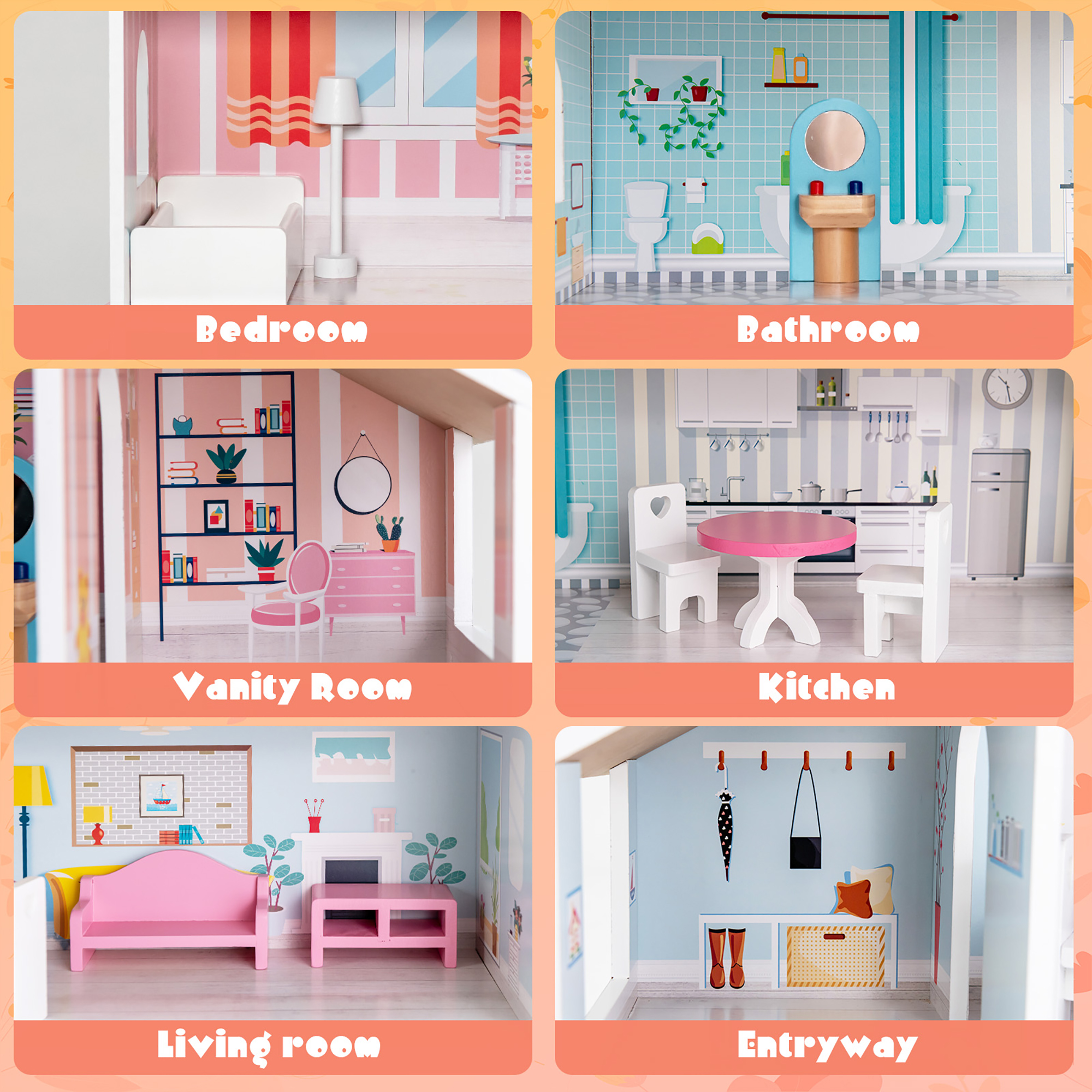 Costway Wooden Dollhouse 3-Tier with Furniture Set photo 7