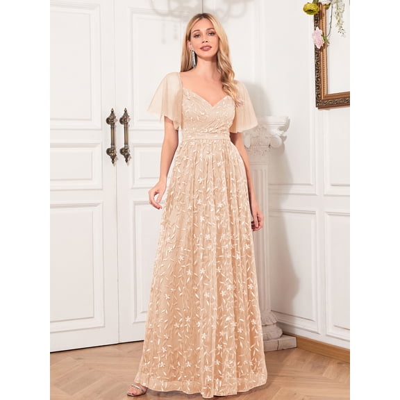 Beauty-Emily Women Flutter Sleeve Floral Embroidery Tulle Long Dress, V Neck Low Back Maxi Formal Bridesmaid Evening Gown for Wedding Prom Banquet