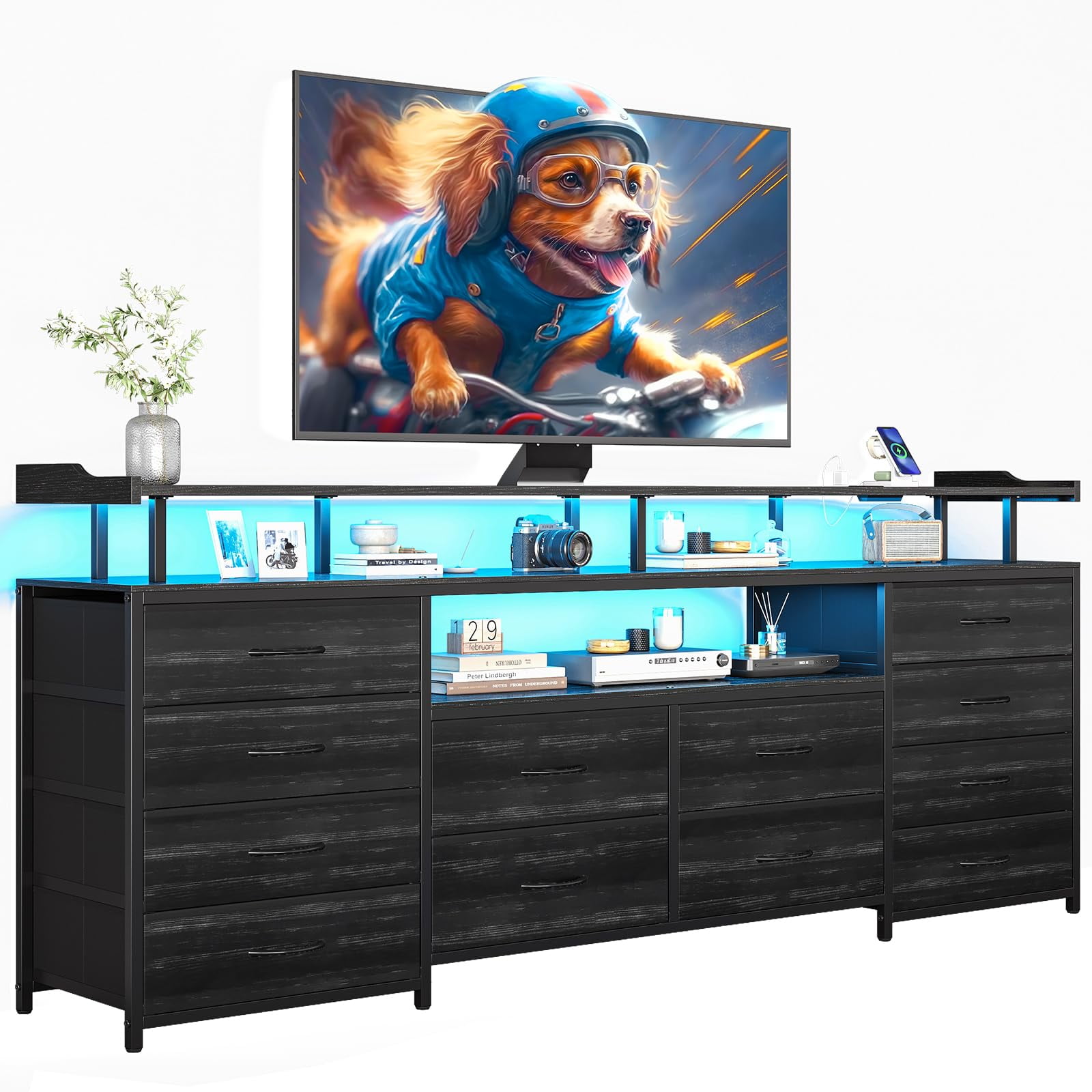 Toogaho 63" W TV Stand Dresser for 65 Inch TV,  , Entertainment Center with LED Lights & Power Outlets, Black Long Dresser with 12 Fabric Drawers and Shelves, for Bedroom