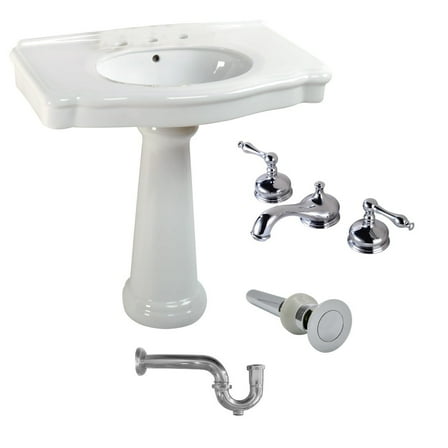 White Pedestal Sink with 8" Widespread Faucet, Overflow and P-Trap