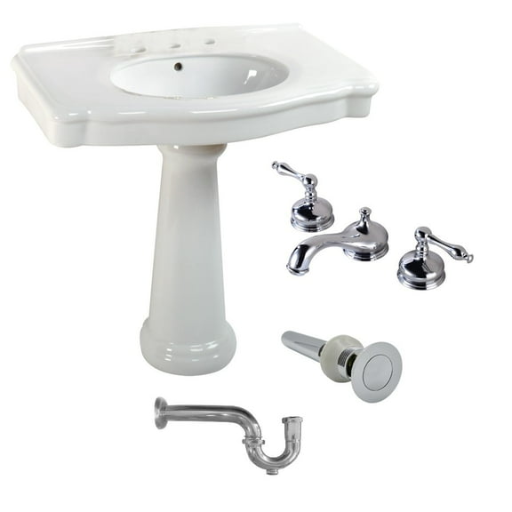 White Pedestal Sink with 8" Widespread Faucet, Overflow and P-Trap