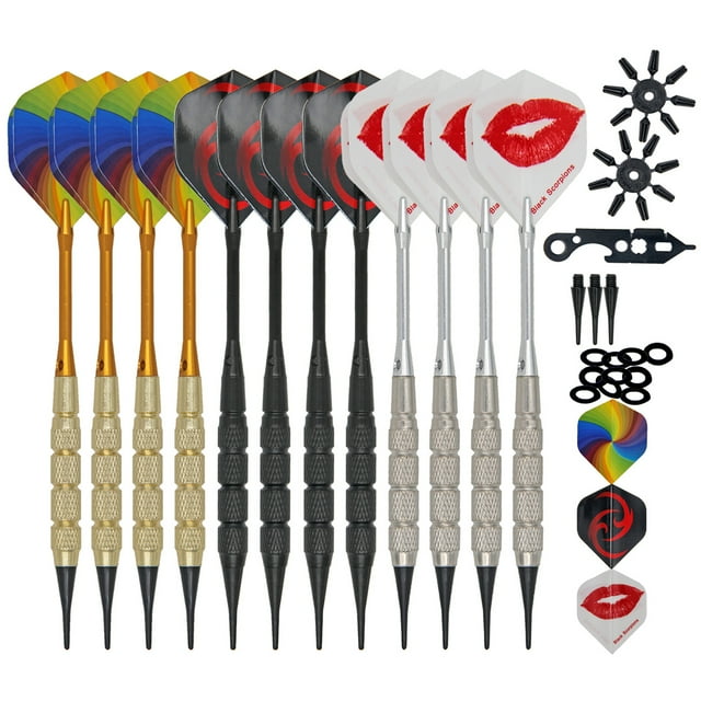 12pcs Darts Dart Flight Set with 100pcs Spare Soft Dart Tips Dart Flights Savers O Rings and Wrench Tool Indoor Outdoor Entertainment Game Accessories