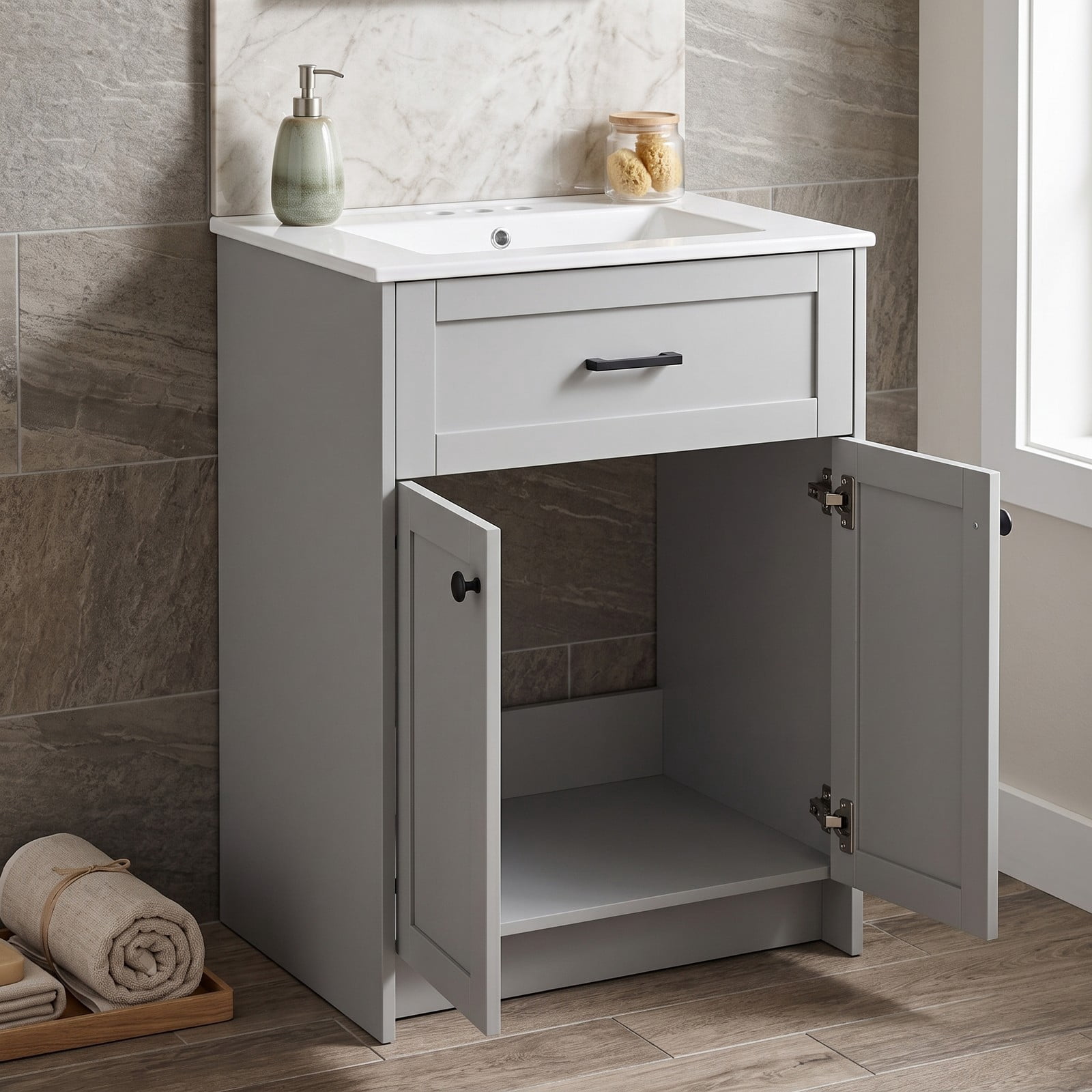 ALPULON Bathroom Vanity Unit with Ceramic Basin Sink, Freestanding 24 Inch Floor Standing Bathroom Vanity Cabinet with 2 Soft Close Doors and Pre-Drilled Faucet, Gray