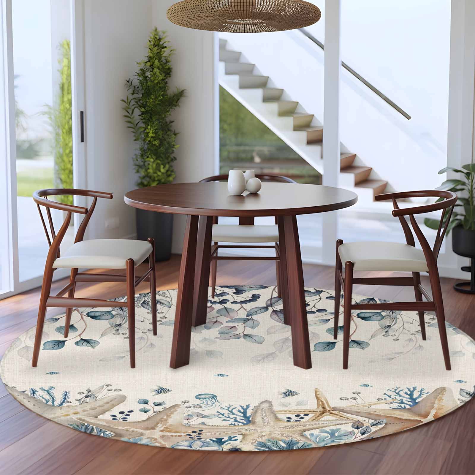 Round Rugs 6Ft, Blue Beige Coastal Round Area Rug Washable Indoor Throw Carpet, Beach Starfish Summer Eucalyptus Rustic Soft Non Slip Circle Rug for Office Cabinet Home Decor Aesthetic