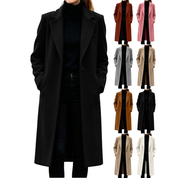 Wool Blend Pea Lapel Coats for Women Long Sleeve Button Down Casual Work Fall Winter Loose Woolen Long Coats