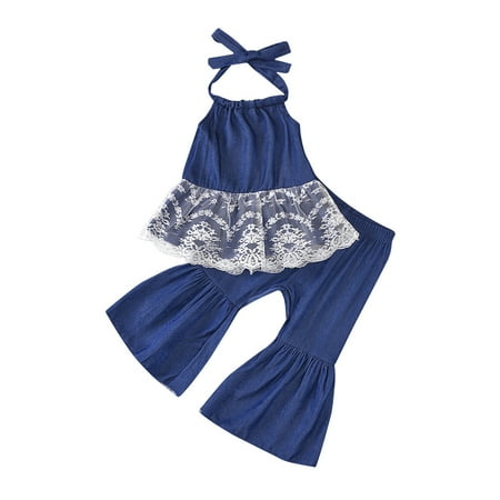 

Puloru Girls Halter Sleeveless Lace Smock TankTops Long Flared Pant Denim Suits