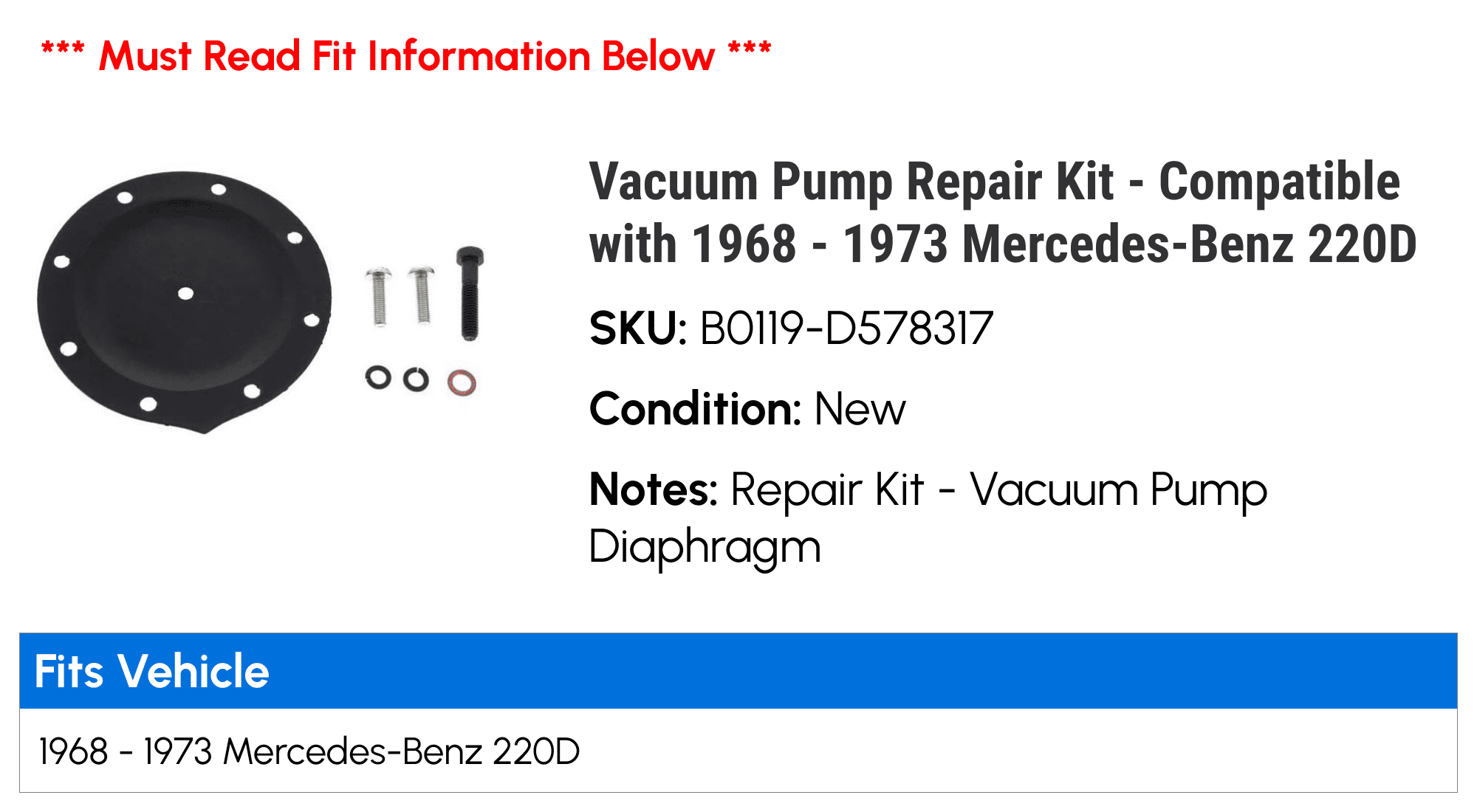 Vacuum Pump Repair Kit - Compatible with 1968 - 1973 Mercedes-Benz 220D 1969 1970 1971 1972