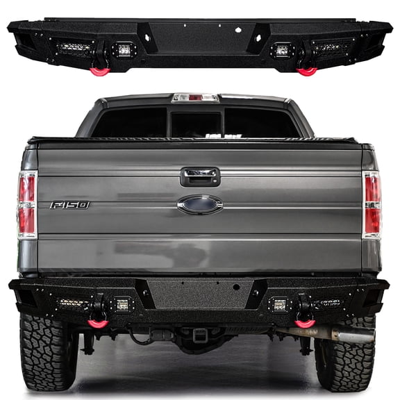 Vijay Rear Bumper for 2009-2010-2011-2012-2013-2014 Ford F150 Steel Black with Spotlights and D-Rings