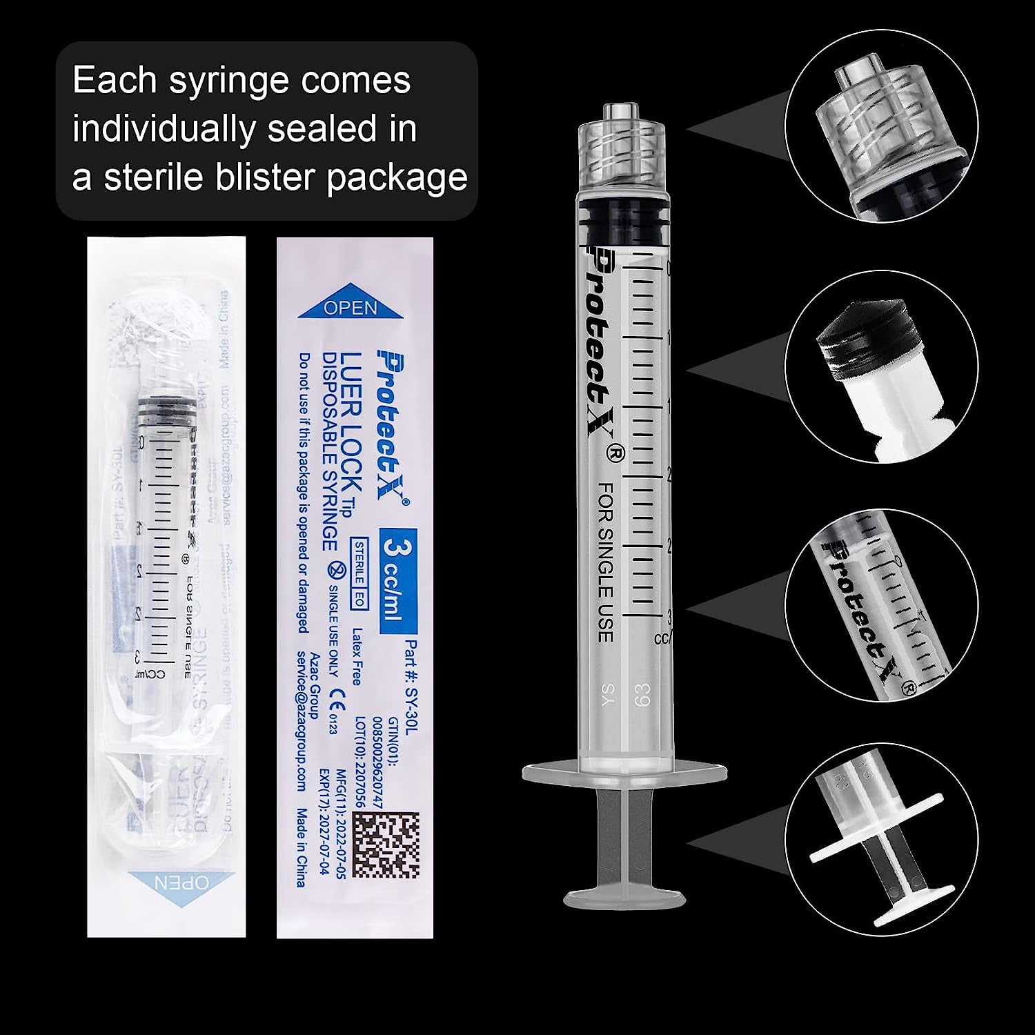 ProtectX 100 Pack 3ml Disposable Luer Lock Sterile Syringe (No Needle), Individually Sealed, Smooth and Accurate Dispensing for Science Labs