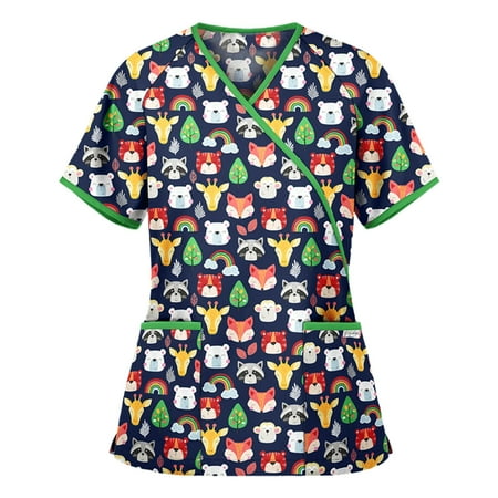 

Inevnen Navison Working Uniform T Shirt Women Print Short Sleeve V-Neck Scrub Top Tee with Pockets