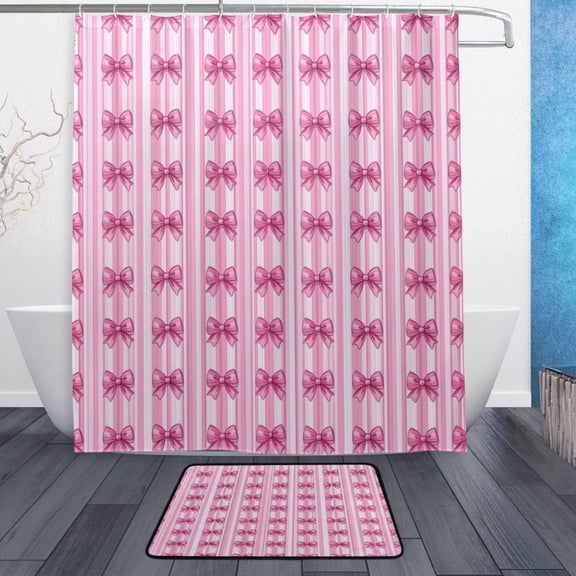Bath Curtain & Non-Slip Bath Mat Set 12-Grommet Shower Curtain Memory Foam Bath Rug Pink Bows