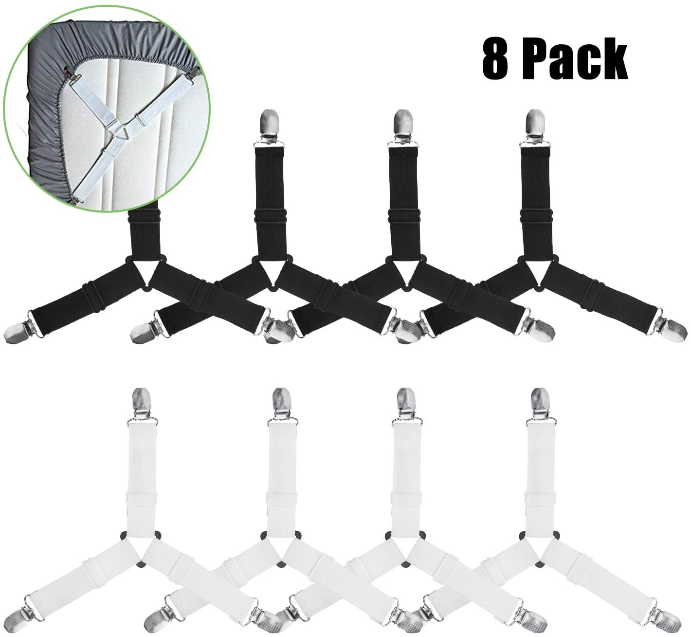 8 bed sheet tensioners with metal clips, 3way adjustable triangle