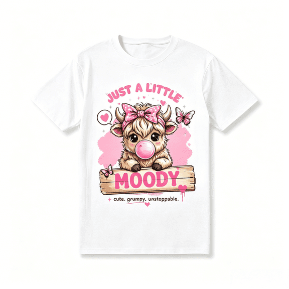Women Just A Little Moody Highland Cow Graphic Crew Neck T-Shirt, Cute Baby Cow Pink Bow Bubblegum Butterfly Casual Short Sleeve Tee