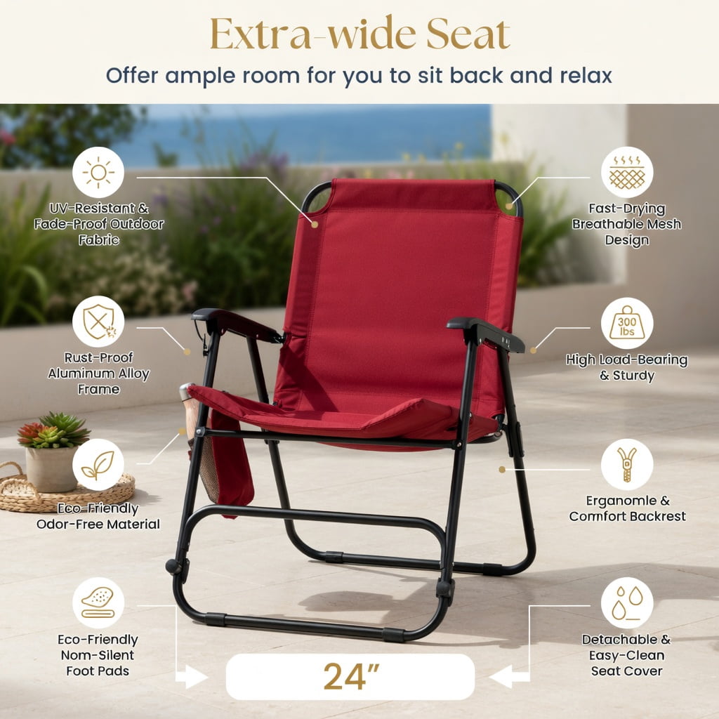 Hommoo Foldable Rocking Camping Chair with Padded Backrest, Armrests & Cup Holder, Outdoor Patio Lawn Chair, Red