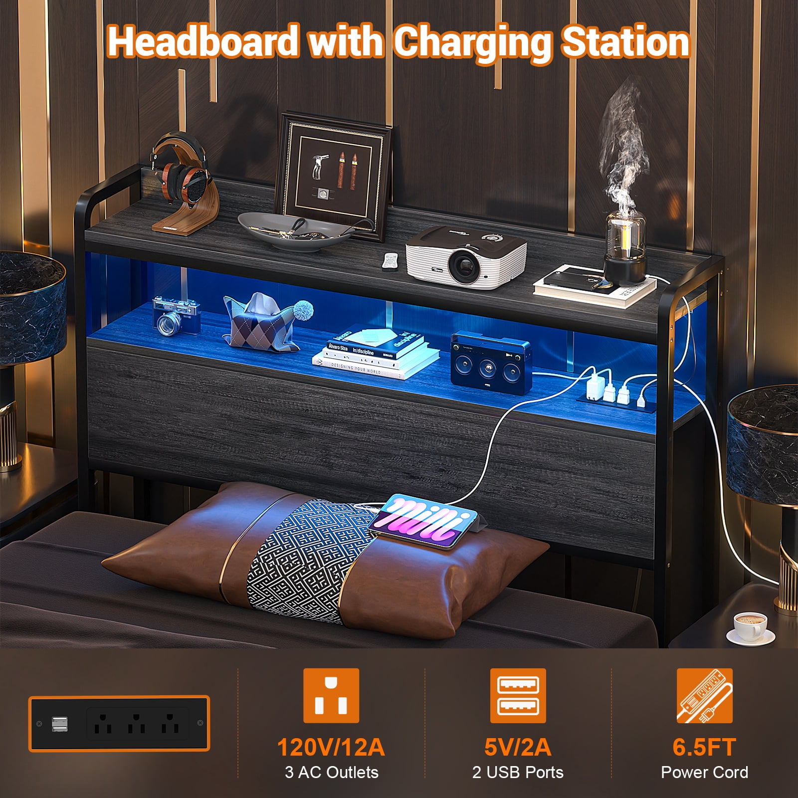 iSunrim Headboard for Twin Size Bed Frame, Headboard with Charging Station, USB Ports and LED Light, Headboard with Storage, Height Adjustable, Twin Size, Black Oak