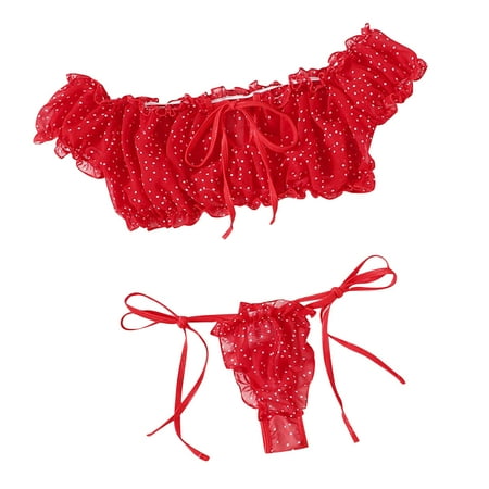 

XHJUN Women s Lingerie Teddy Off Shoulder Mesh Sheer Tie Side Ruched Bra and Panty See Through Transparent Underwear Nightie Red M