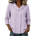 thumbnail image 2 of Miqool Cotton Linen 3/4 Sleeve Button Down Shirts for Women Summer Gingham Plaid Striped Tops Collared Casual Loose Blouse, 2 of 6