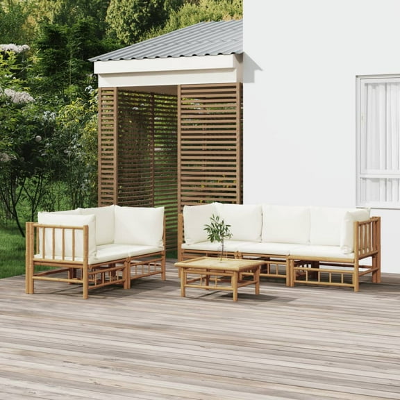 vidaXL 6 Piece Patio Lounge Set with Cream White Cushions Bamboo