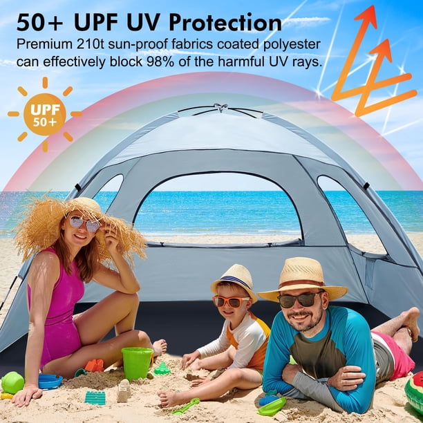 Tente De Plage Pop-up 3-4 Personnes – Abri Solaire UPF50+, Fenêtres Moustiquaires, 130x130x110 Cm – Pour Camping, Pêche, Jardin Ou Pique-nique