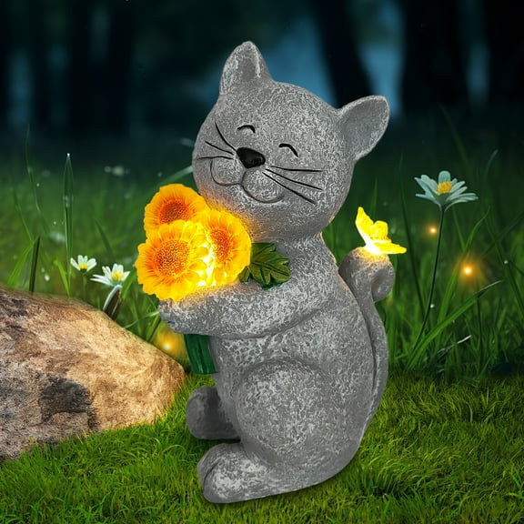 Garden Statue Outdoor, Cute Cat Outdoor Statues Resin Figurine Lights Outdoor Waterproof, Solar Garden Decor Sculpture for Yard Patio Lawn Porch, Unique Birthday Gifts for Mom Grandma Women