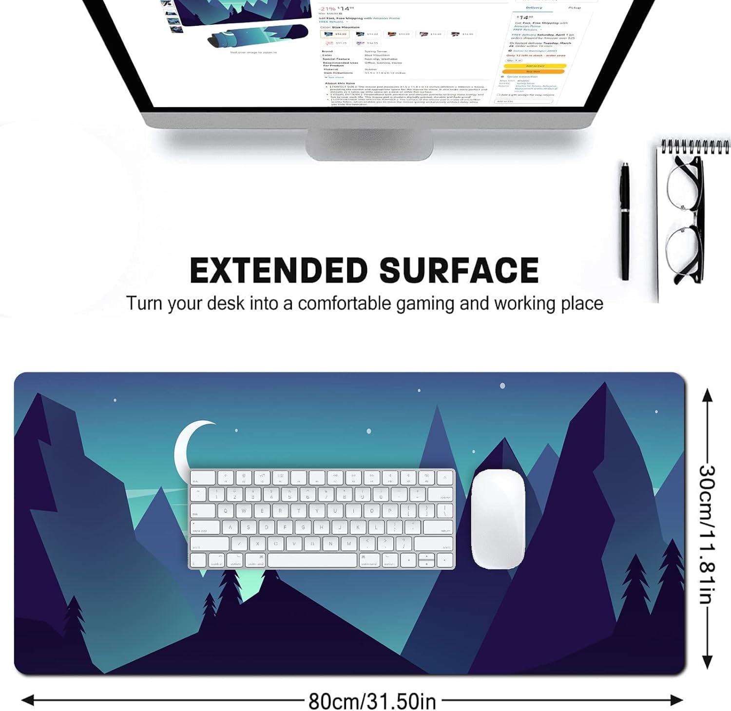 Mouse Pad Forest Mountain Large Mousepad Office Decoration Desk Mat, Moon Stars Blue Waterproof Mousepad for Desktop Wireless Mice, Non-Slip Rubber Base Mouse Mat, 31.5x11.8 Inch BDZXSE009