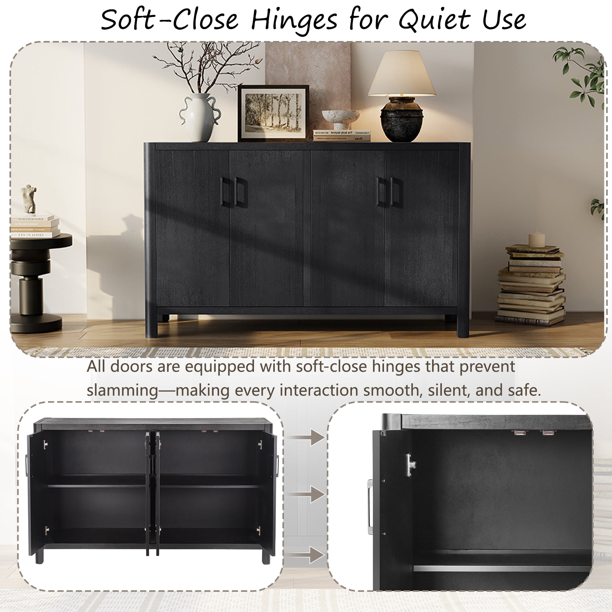 Euroco 59" Farmhouse Buffet Cabinet with Natural Distressed Finish,Accent Wood Sideboard Coffee Bar Station Table for Kitchen Living Room,Black