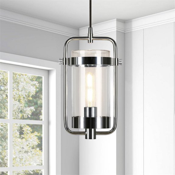Evelyn&Zoe 11" Polished Nickel Metal/Glass Pendant