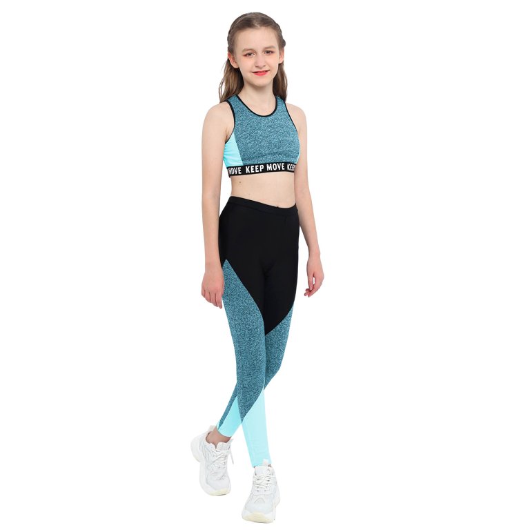 Aislor Kids Girls Two Piece Athletic Outfit Sports Bra Crop Top with Yoga  Leggings Gymnastics Dance Set Size 4-16 A Blue 14