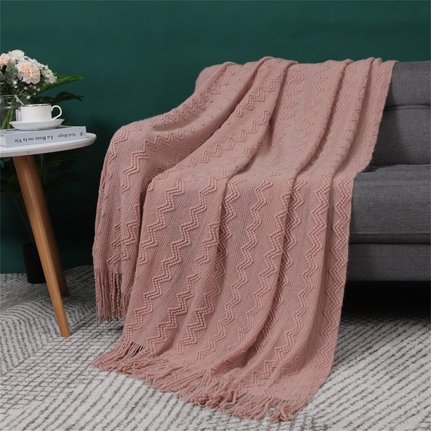 PiccoCasa Soft Tassel Throw Blanket,100 Arcylic Decorative Knitted Blanket 50x60 inch, Pink