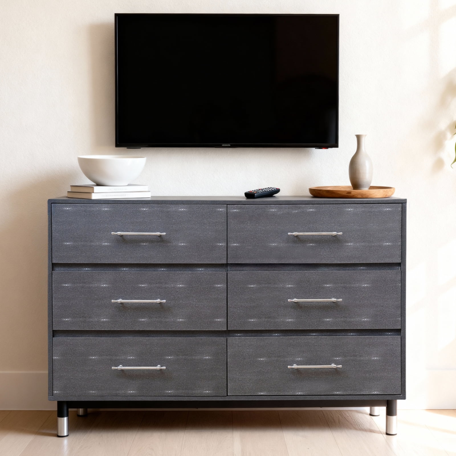 BERRY NEST Grey Dresser for Bedroom, 6 Drawer Wood Dresser with Modern Storage Organizer, Wide Chest of Drawers for Clothes, Closet, Living Room